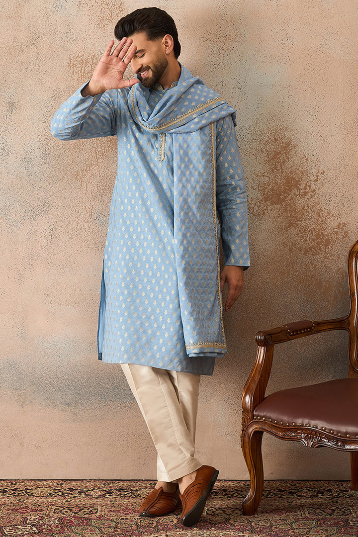 Men Blue Jacquard Woven Design Floral Straight Kurta Sets | SHOBITAM