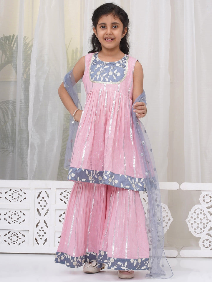 Girls Cotton Sleeveless White Thread Floral Embroidery Kurta Frock with Sharara and Dupatta - Pink | SHOBITAM