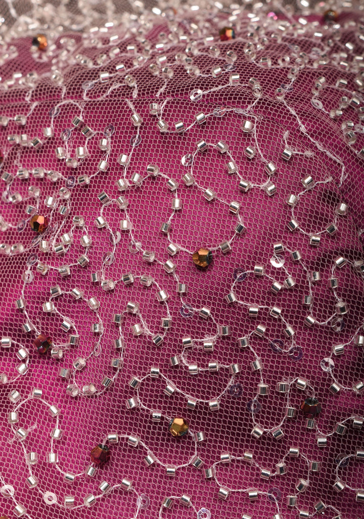 Illusion Neck Blouse with 3/4th sleeves with Heavy Cutdana and Sequins in Ivory and Plum, Made to Order