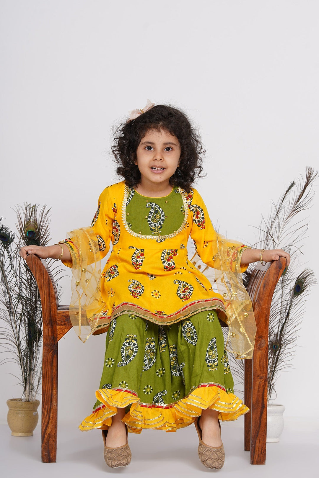 Girls Cotton Floral Jaipuri Kurta with Gunghroo work, Frill Sharara, and Dupatta | SHOBITAM