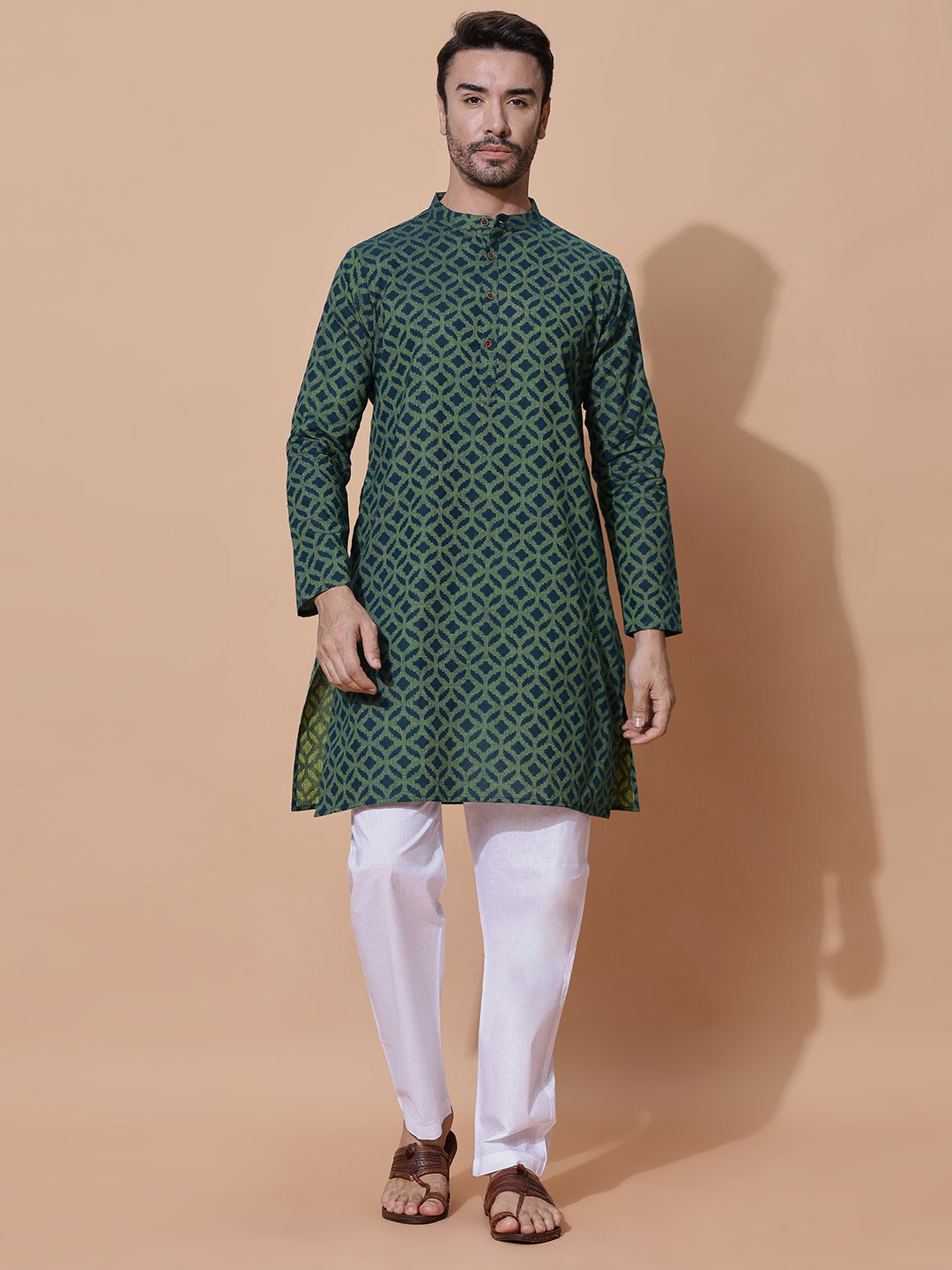 Vantara Men Handloom Jacquard Cotton Long Kurta in Green