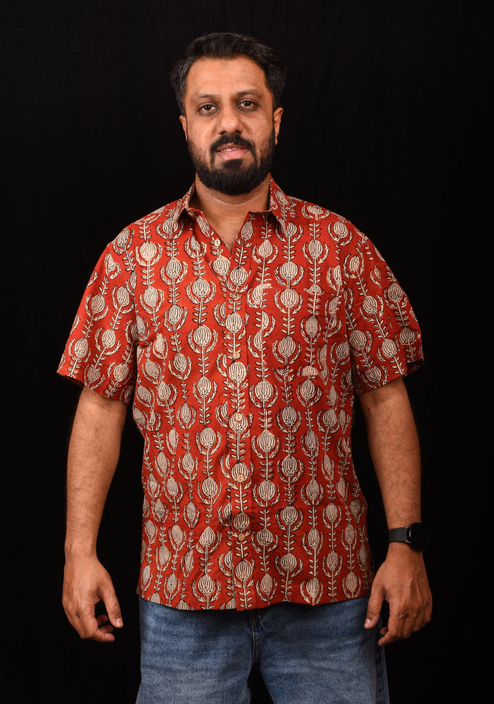 Red Black Bagru Handblock Printed Cotton Mens Shirt