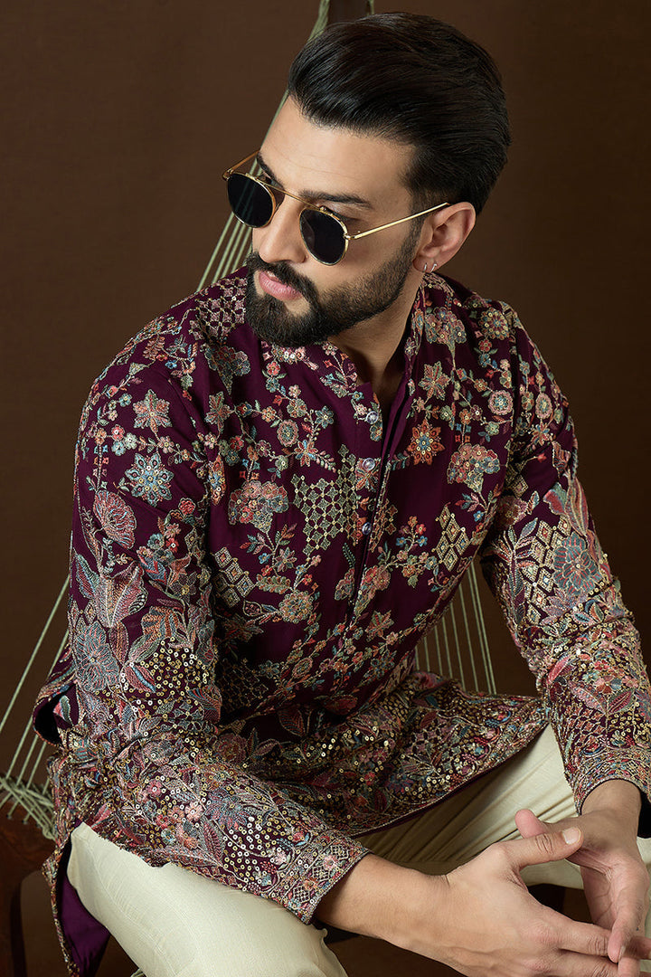 Wine Georgette Solid Embroidered Straight Kurta | SHOBITAM