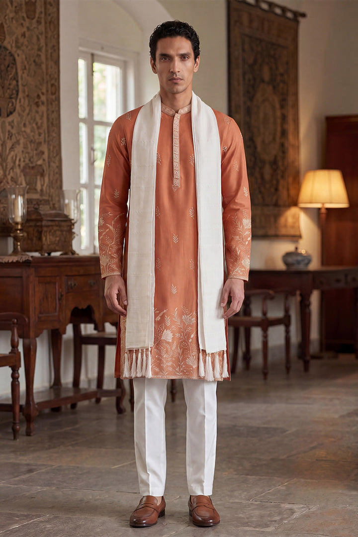 Men Peach Vartican Solid Embroidered Straight Kurta Sets  | SHOBITAM