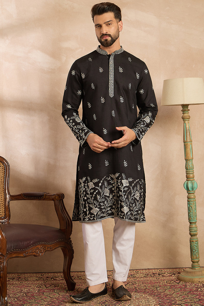 Black Silk Blend Solid Embroidered Straight Kurta | SHOBITAM