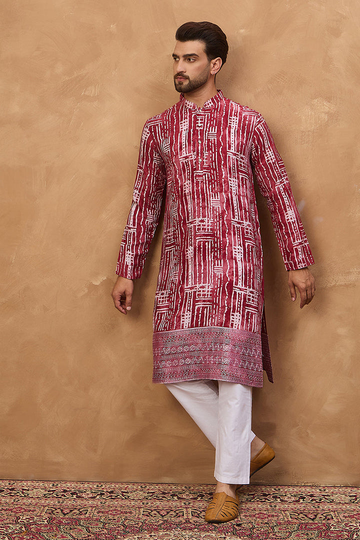 Red Viscose Rayon Batik Embroidered Straight Kurta | SHOBITAM