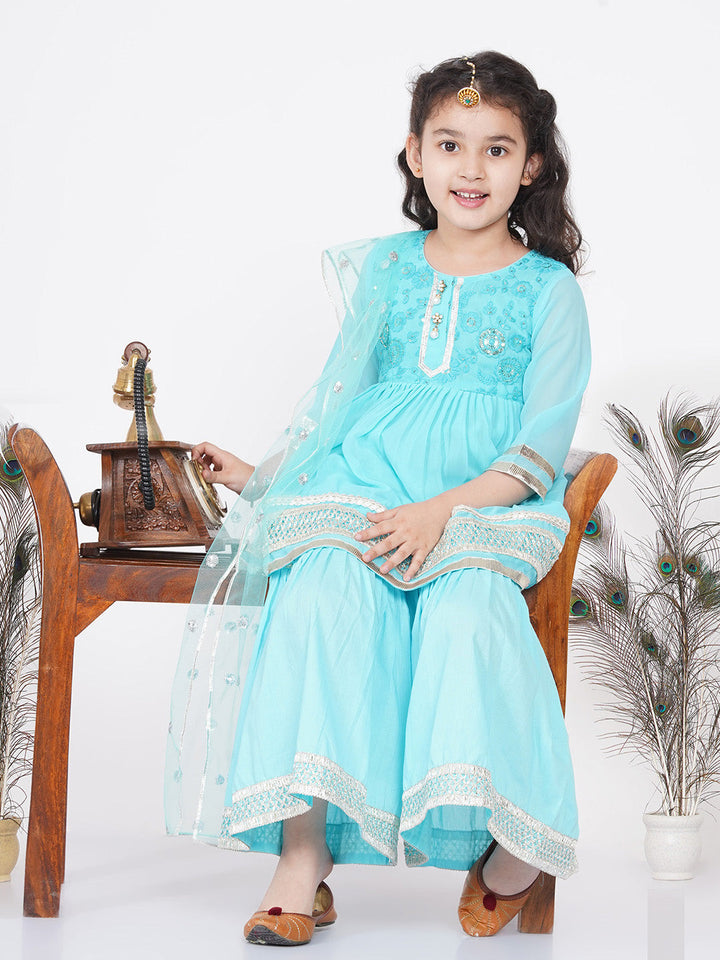 Girls Gotta Patti work Kurta frock with Sharara and Dupatta - Sky Blue | SHOBITAM