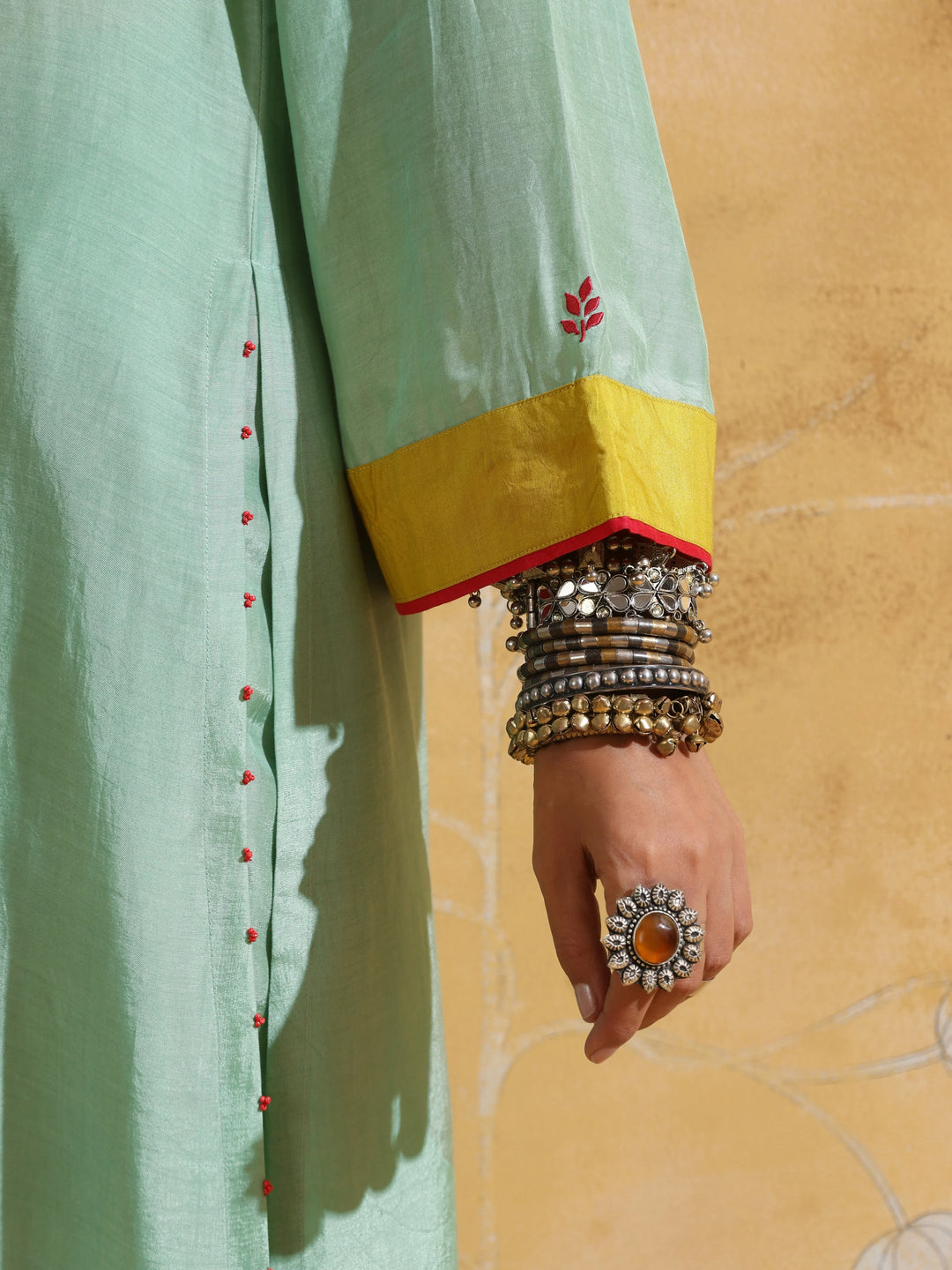 Mint Green Muslin Silk High-Slit Kurta Pant Set  | SHOBITAM