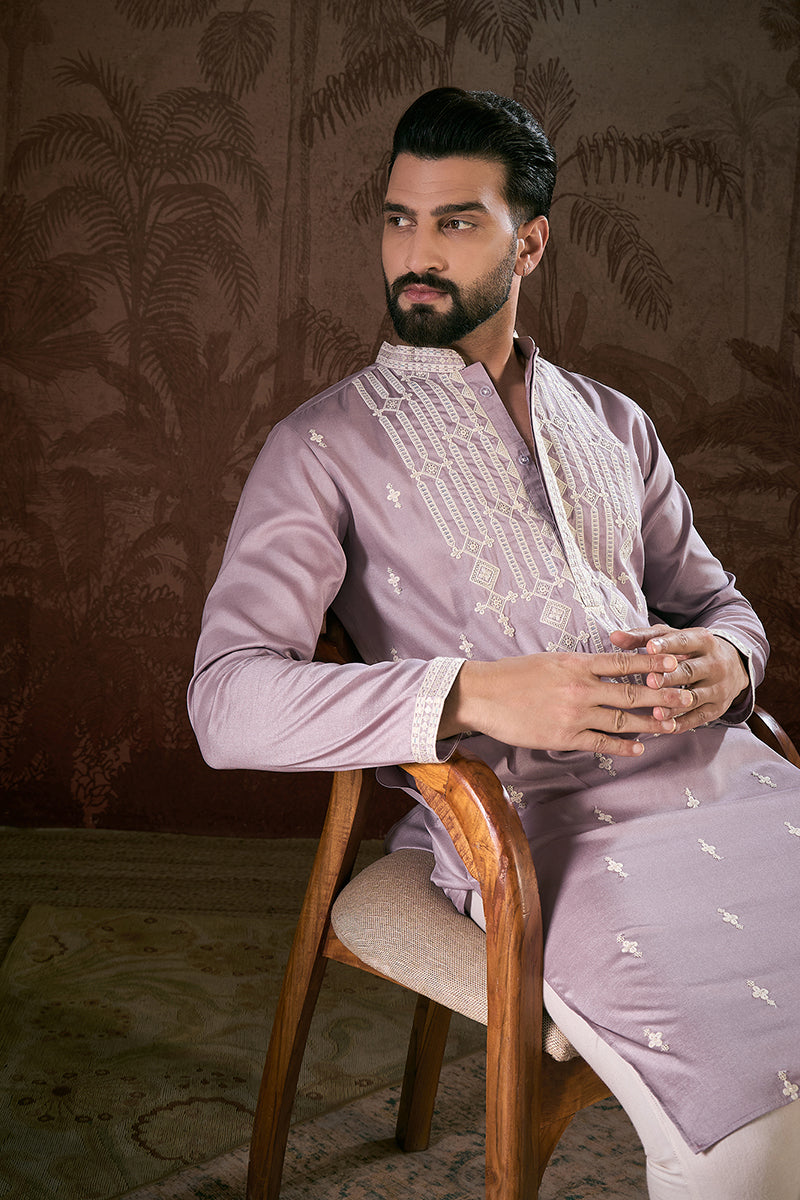 Lavender Silk Blend Solid Embroidered Straight Kurta | SHOBITAM