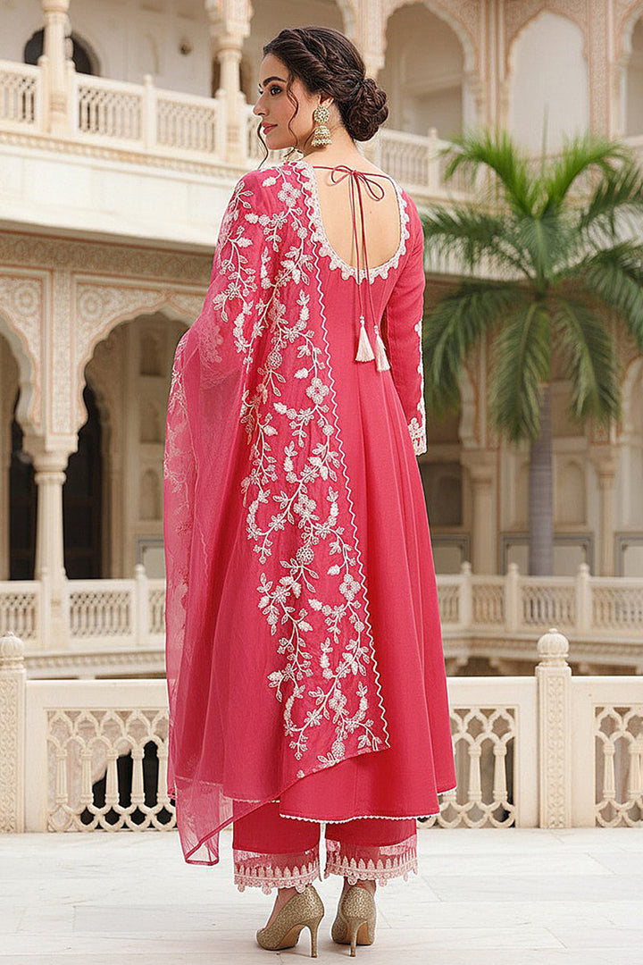 Pink Silk Blend Solid Embroidered Flared Suit Set | SHOBITAM