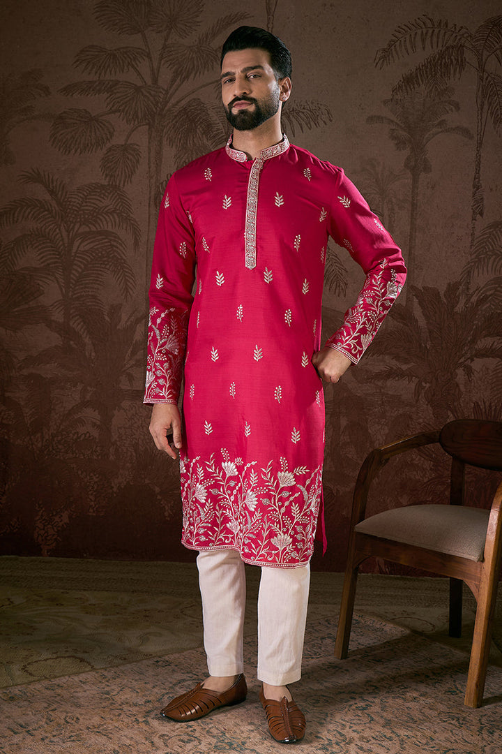 Pink Silk Blend Solid Embroidered Straight Kurta With Trouser | SHOBITAM