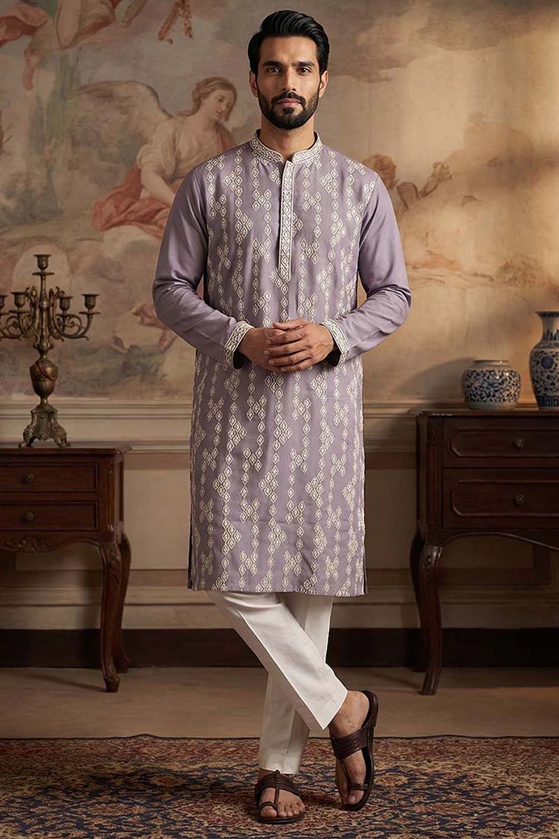 Silk Blend Lavender Solid Embroidered Calf Length Straight Kurta | SHOBITAM