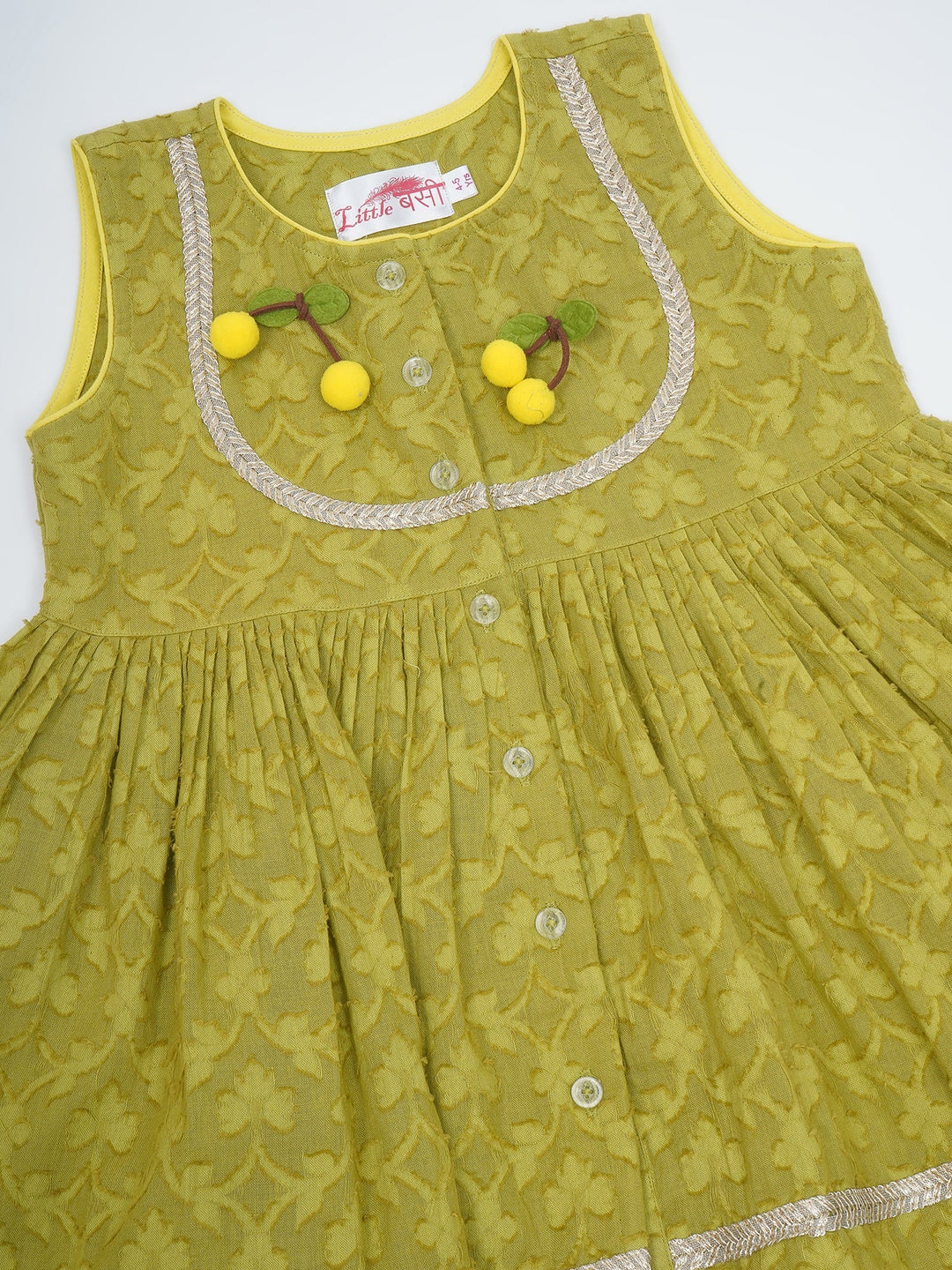 Girls Cotton Sleeveless Floral Self Weaving Kurta with Cherry Applique work and Salwar with Dupatta - Green