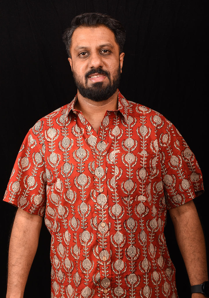 Red Black Bagru Handblock Printed Cotton Mens Shirt