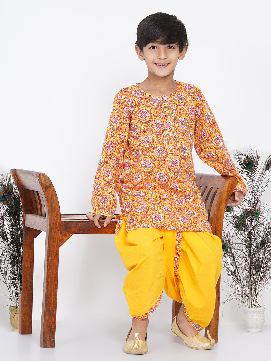 Boys Floral Kurta with Pearl Buttons and Dhoti in Yellow  | SHOBITAM