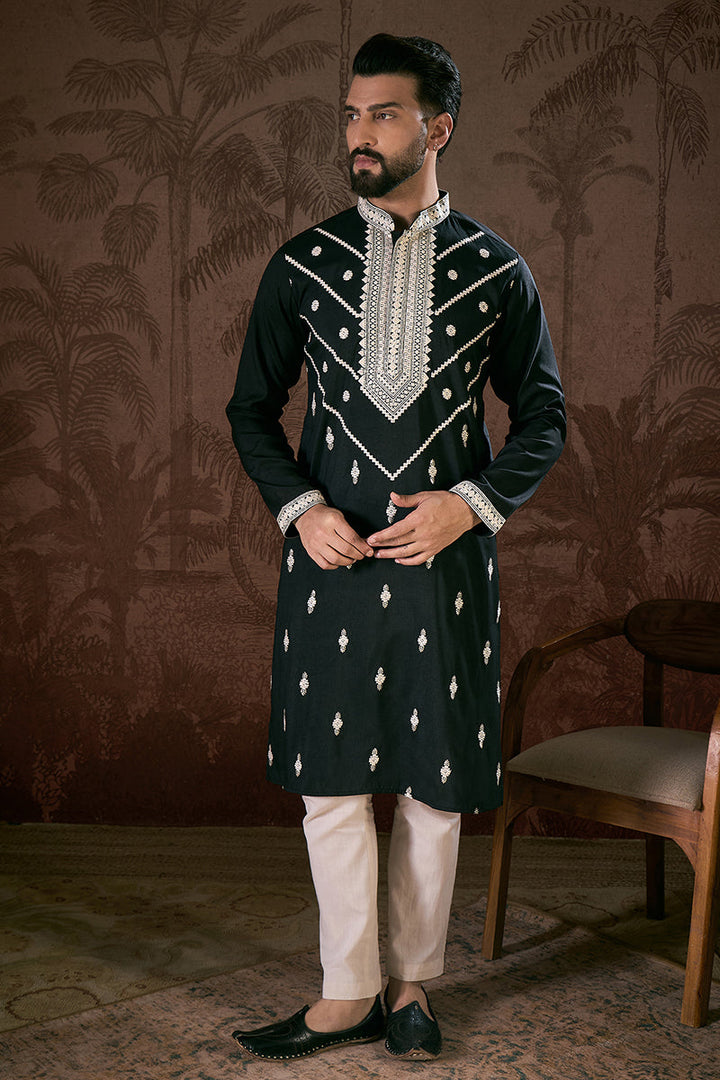 Black Silk Blend Solid Embroidered Straight Kurta For Men | SHOBITAM