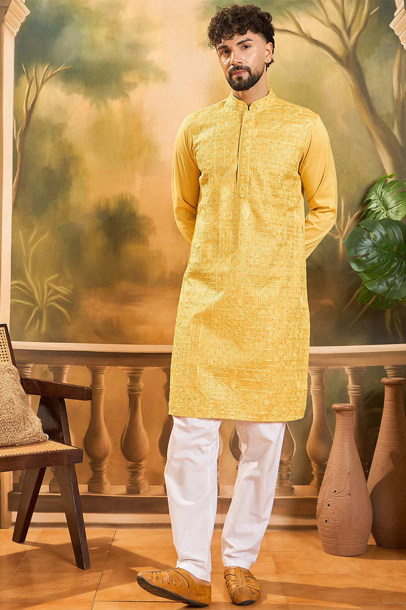 Yellow Silk Blend Solid Embroidered Straight Kurta | SHOBITAM