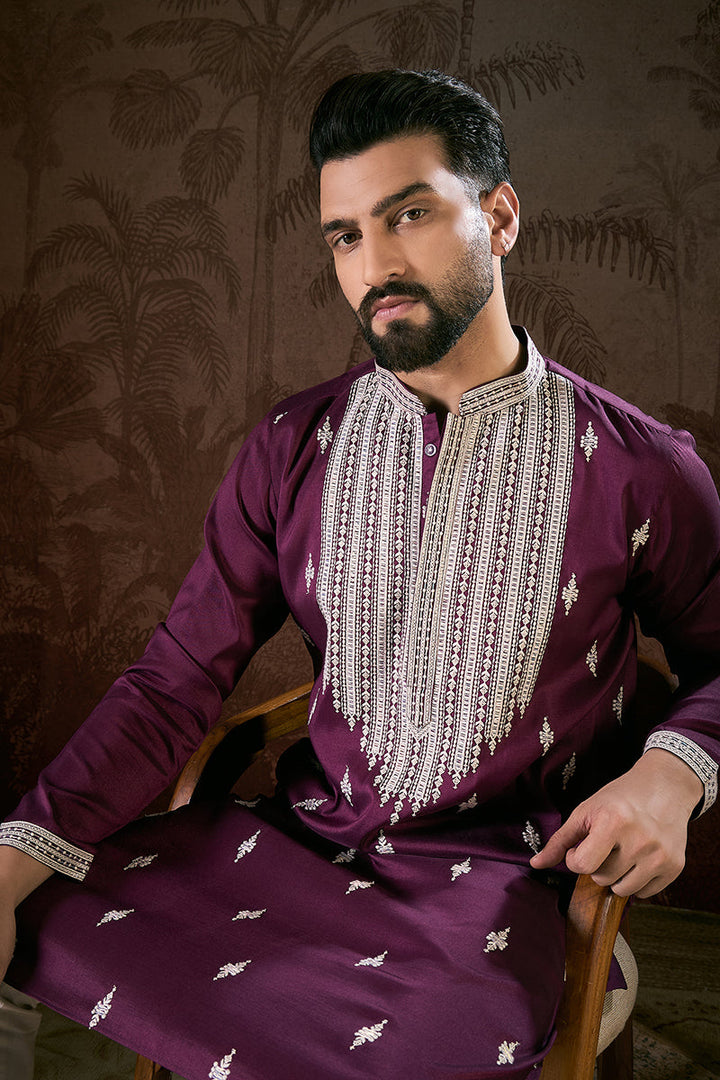 Purple Silk Blend Solid Embroidered Straight Kurta | SHOBITAM