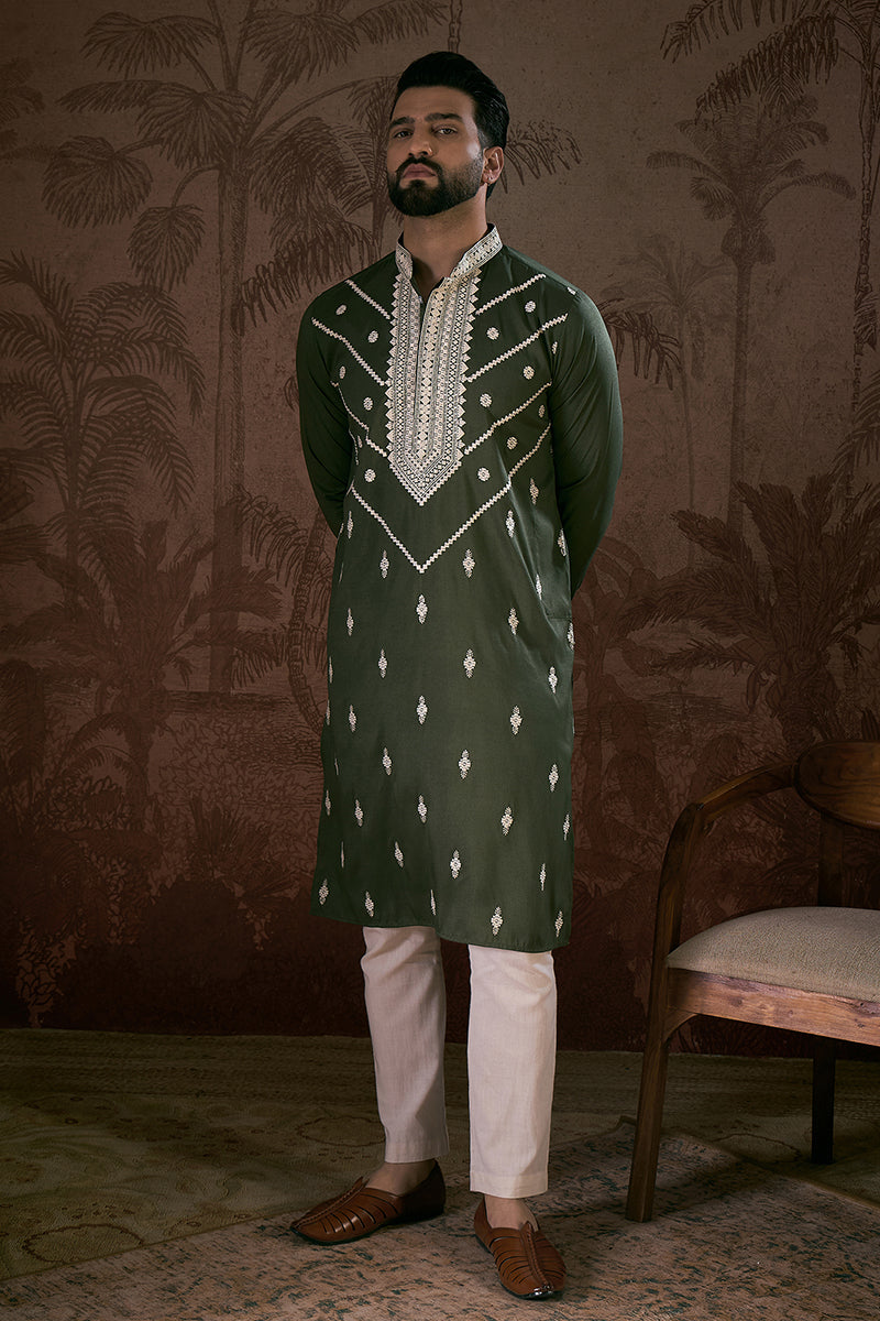Green Silk Blend Solid Embroidered Straight Kurta For Men | SHOBITAM