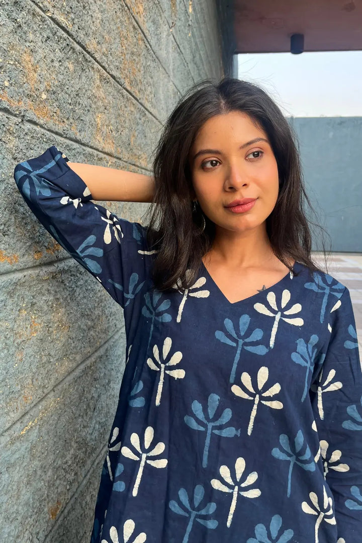 Indigo Block Print Dress | SHOBITAM