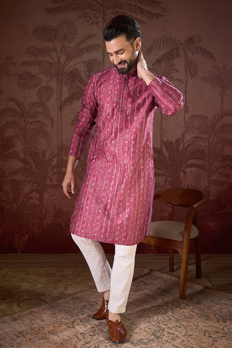 Maroon Silk Blend Ethnic Motifs Printed Straight Kurta With Trouser | SHOBITAM
