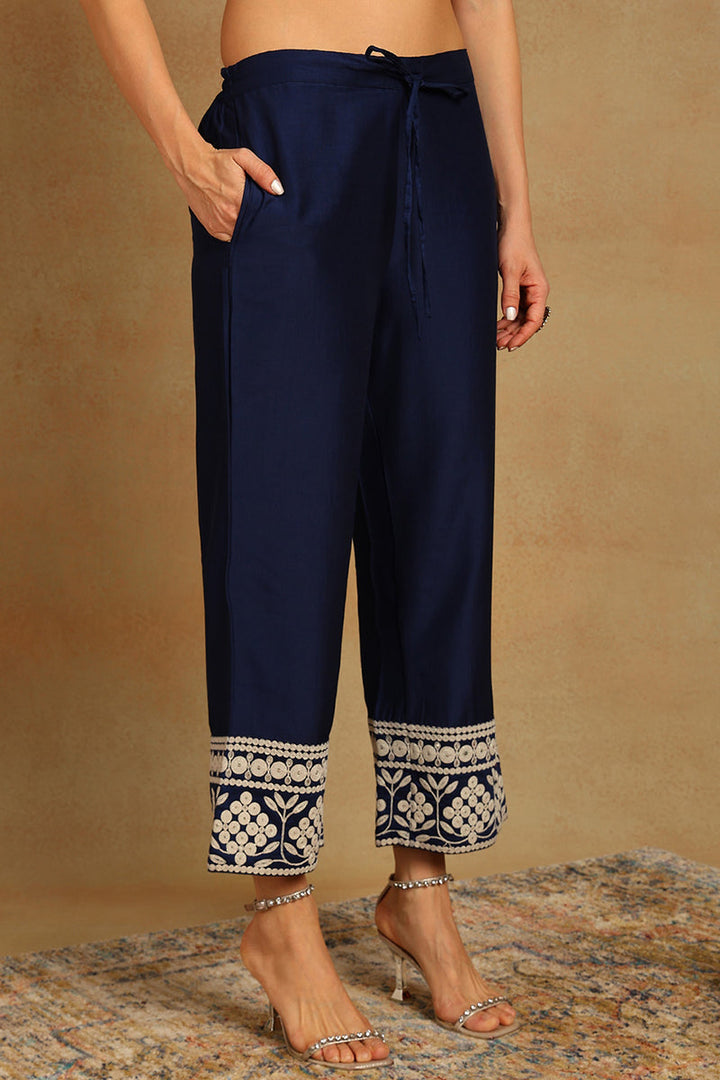 Navy Blue Silk Blend Solid Embroidered Anarkali Suit Set | SHOBITAM