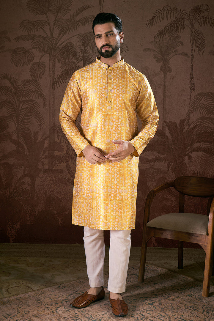 Yellow Silk Blend Floral Printed Straight Kurta For Men | SHOBITAM