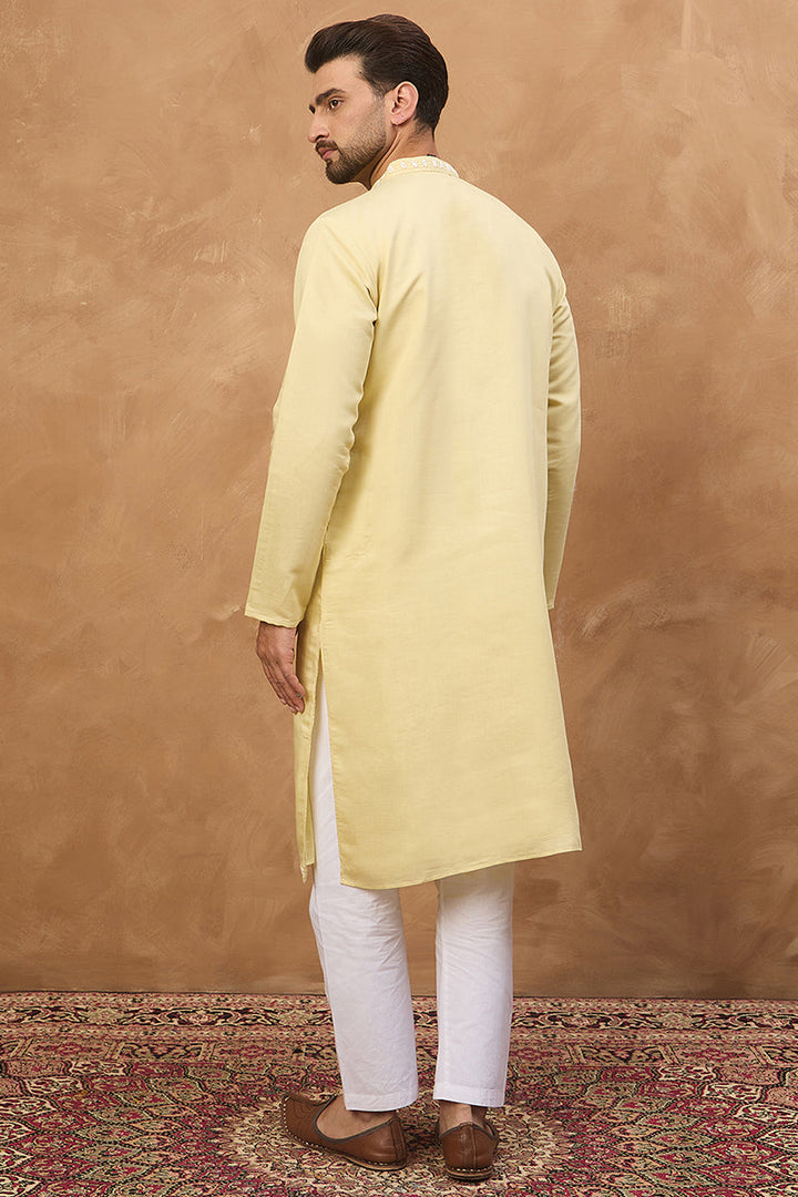 Yellow Silk Blend Solid Embroidered Straight Kurta  | SHOBITAM