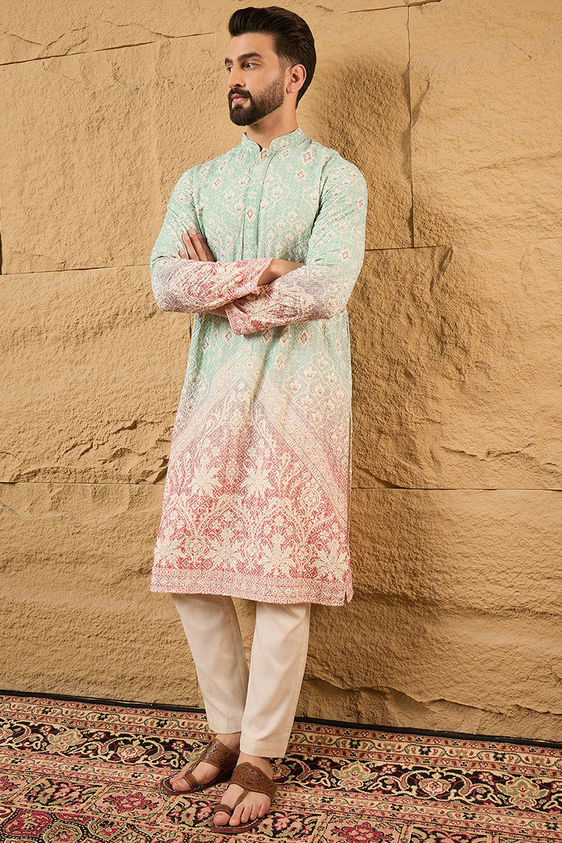 Teal Viscose Rayon Ethnic Motifs Embroidered Straight Kurta with Trouser  | SHOBITAM