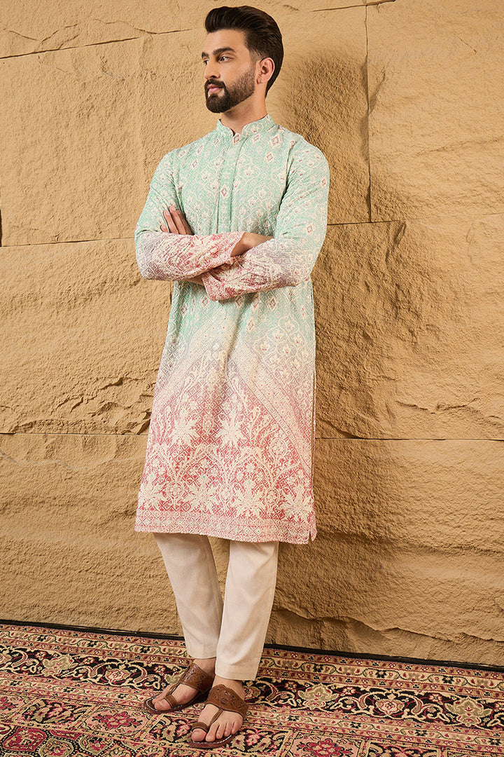 Teal Viscose Rayon Ethnic Motifs Embroidered Straight Kurta with Trouser  | SHOBITAM
