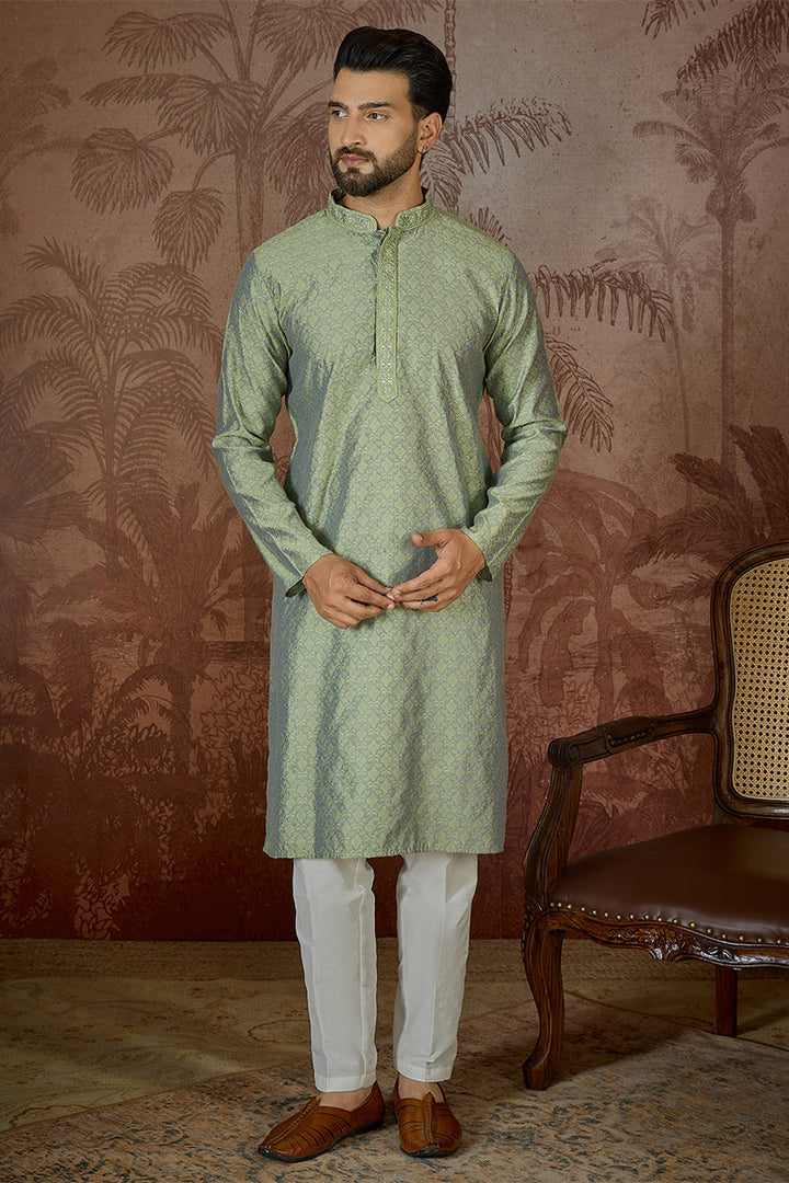 Mens Green Jacquard Solid Embroidered Kurta | SHOBITAM
