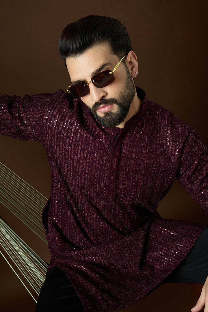 Purple Georgette Solid Embroidered Straight Kurta Sets | SHOBITAM