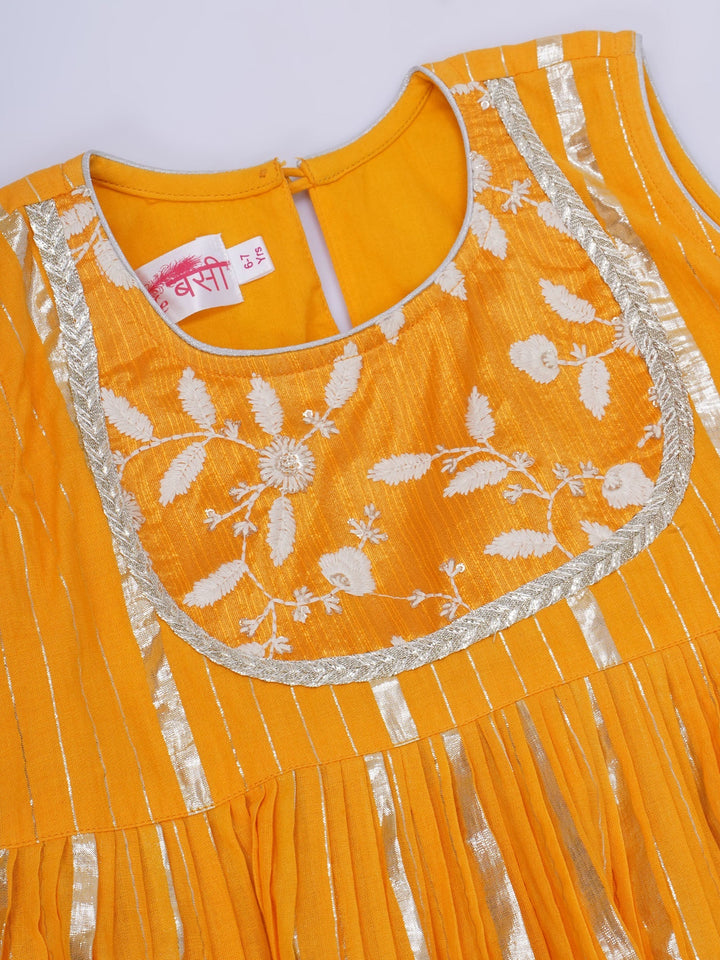 Girls Cotton Sleeveless White Thread Floral Embroidery Kurta Frock with Sharara and Dupatta - Haldi Yellow | SHOBITAM