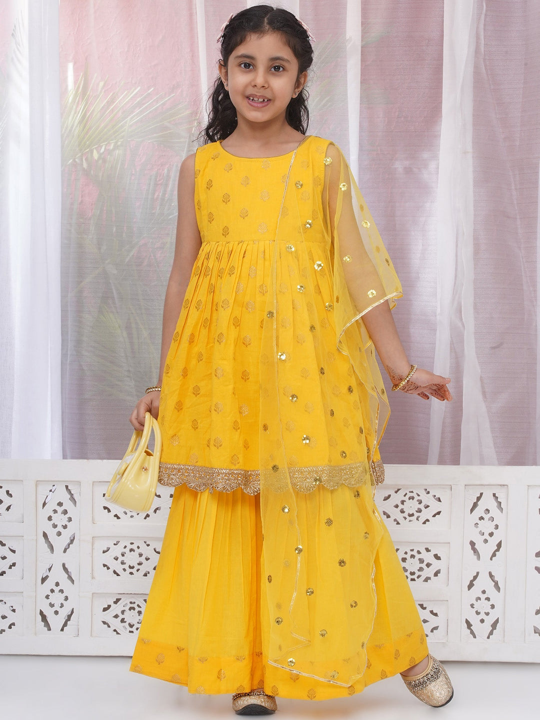 Girls Cotton Sleeveless Kurta Frock with Sharara and Dupatta with Golden Floral Zari Work - Haldi Yellow | SHOBITAM