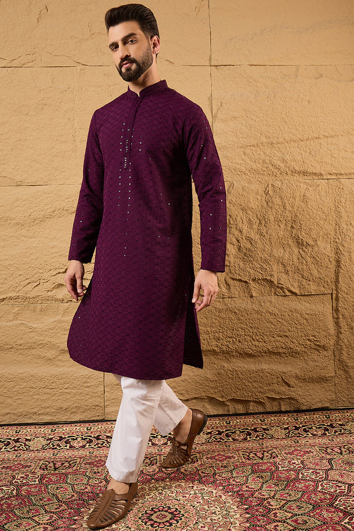 Purple Viscose Rayon Solid Embroidered Straight Kurta | SHOBITAM