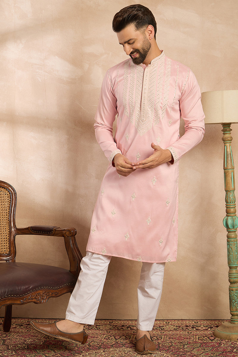 Pink Silk Geometric Embroidered Straight Kurta  | SHOBITAM