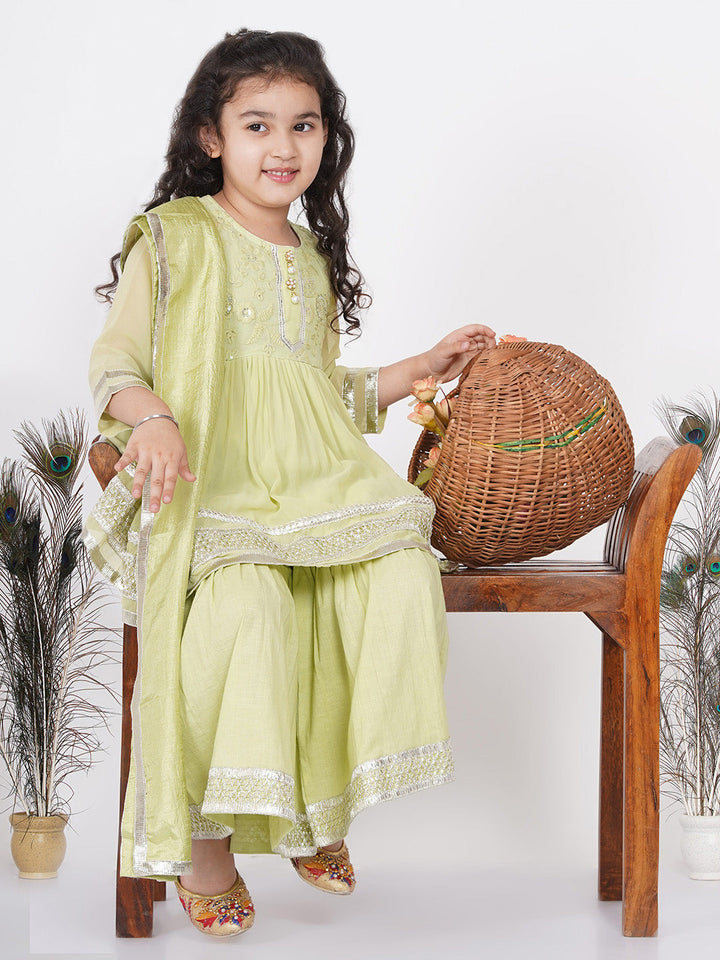 Girls jaipuri Lacework Kurta frock with Sharara and Dupatta - Classic Green | SHOBITAM