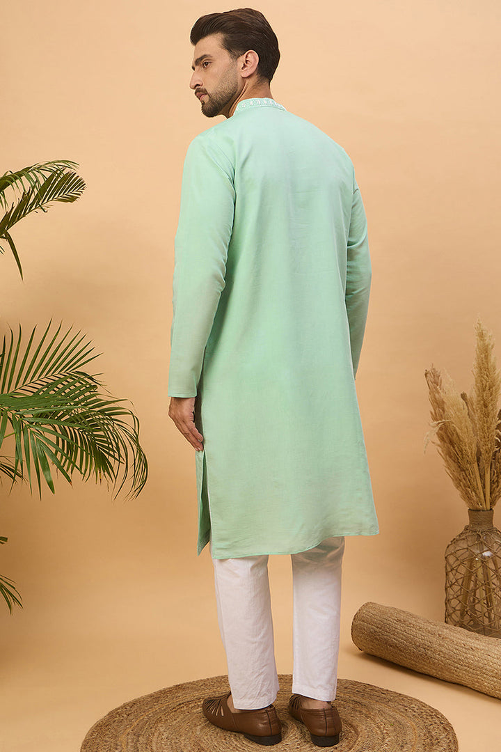 Blue Silk Blend Solid Embroidered Straight Kurta | SHOBITAM