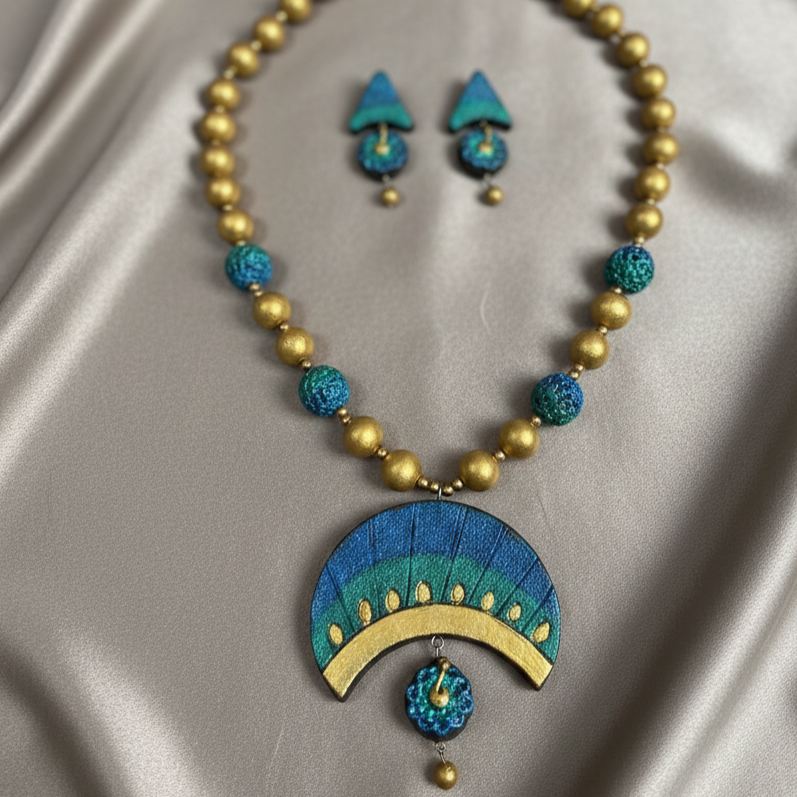 Handmade Blue Green Terracotta Necklace Set – Premium Festive Temple Jewellery for Saree| SHOBITAM