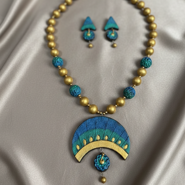 Handmade Blue Green Terracotta Necklace Set – Premium Festive Temple Jewellery for Saree| SHOBITAM