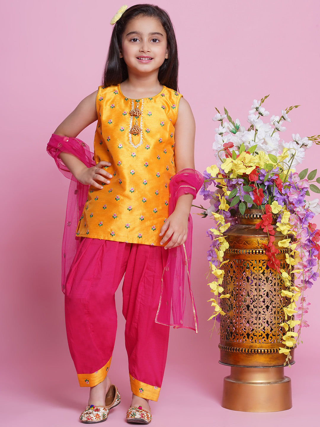Mulberry Semi-Silk Sleeveless Floral Choti Buti Embroidery Kurta with Salwar & Dupatta - Yellow and Pink