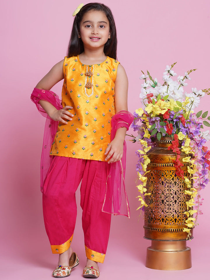 Mulberry Semi-Silk Sleeveless Floral Choti Buti Embroidery Kurta with Salwar & Dupatta - Yellow and Pink
