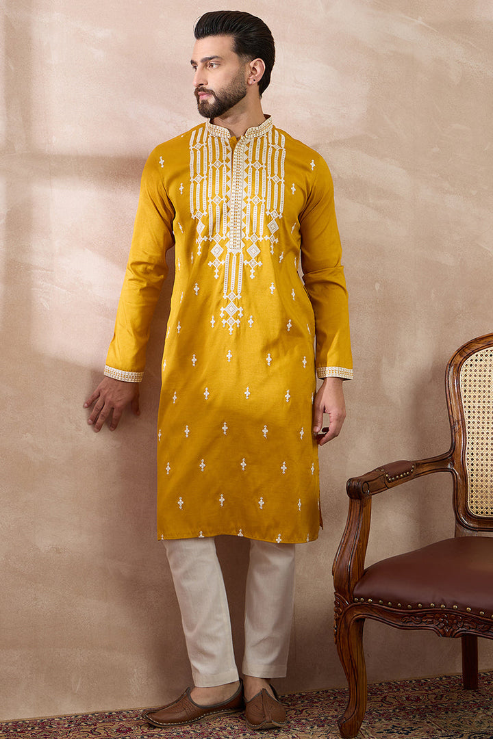 Yellow Silk Blend Embroidered Mandarin Collar Straight Kurta | SHOBITAM