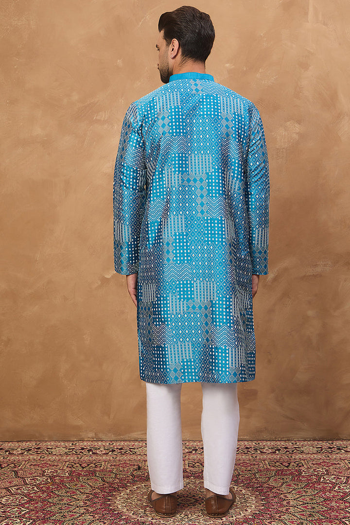 Blue Silk Blend Geometric Printed Straight Kurta  | SHOBITAM