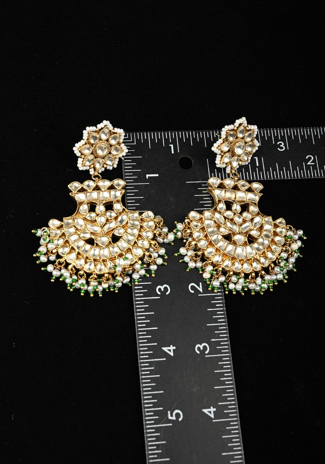 92.5 Pure Silver, Gold-Plated Polki Chandbali Earrings with Pearls and Green Beads
