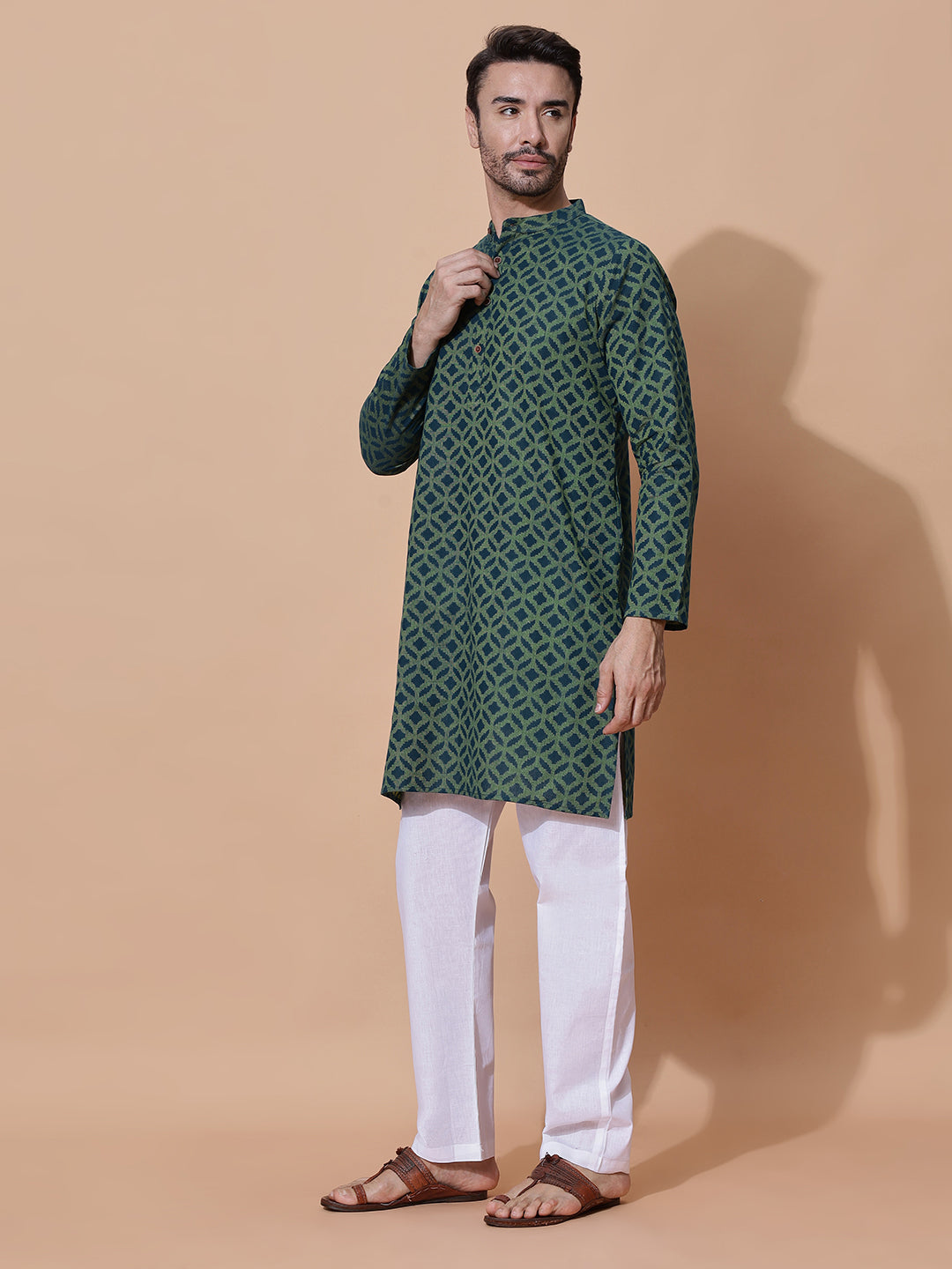 Vantara Men Handloom Jacquard Cotton Long Kurta in Green