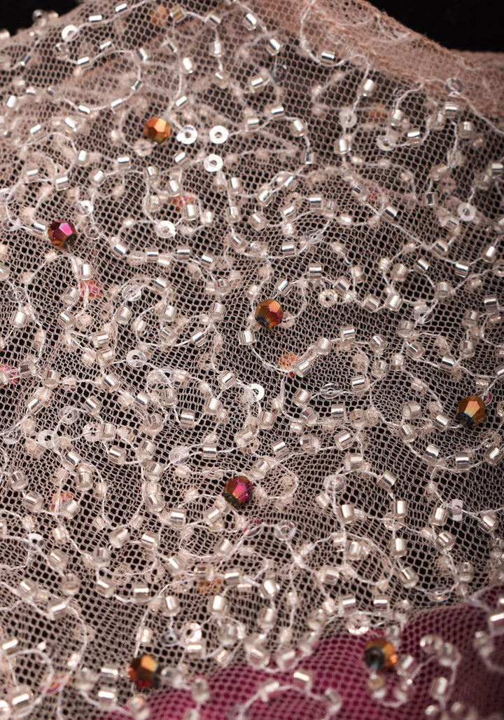 Illusion Neck Blouse with 3/4th sleeves with Heavy Cutdana and Sequins in Ivory and Plum, Made to Order