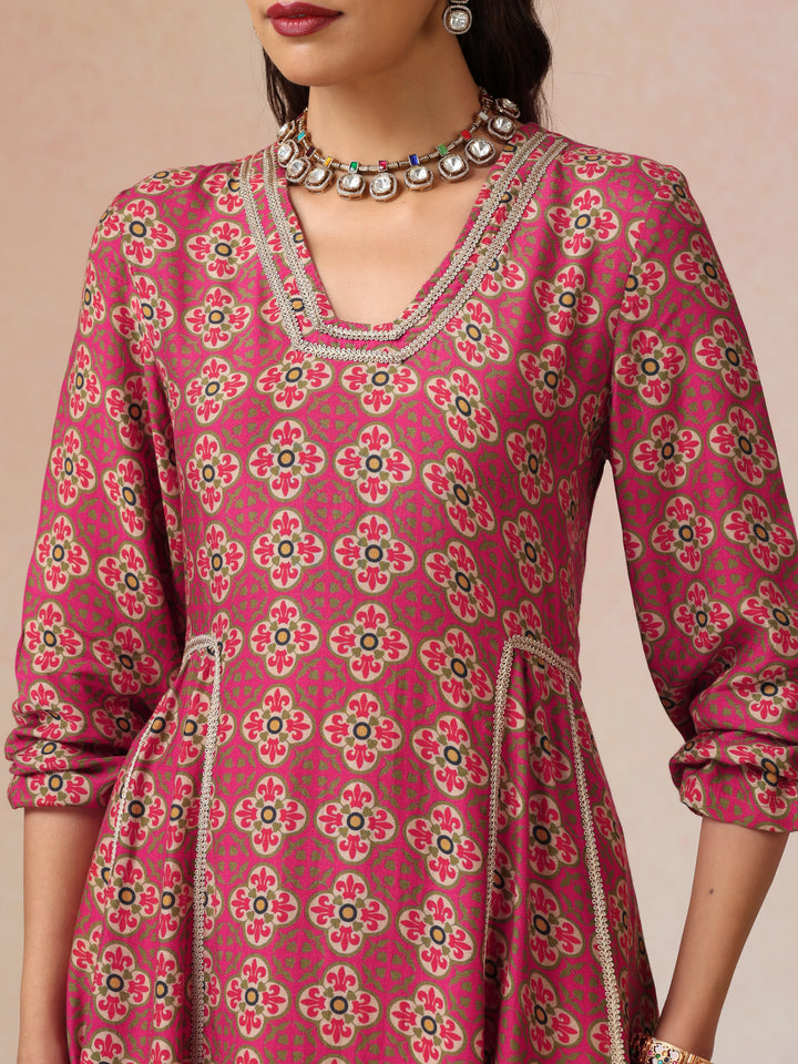 Pink Print Viscose Fit And Flared Kurta Set| SHOBITAM