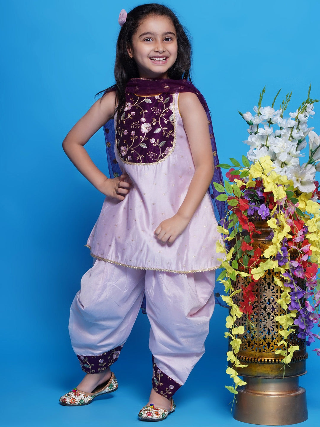 Sleeveless Kurta with Dhoti Salwar & Dupatta - Pink | SHOBITAM