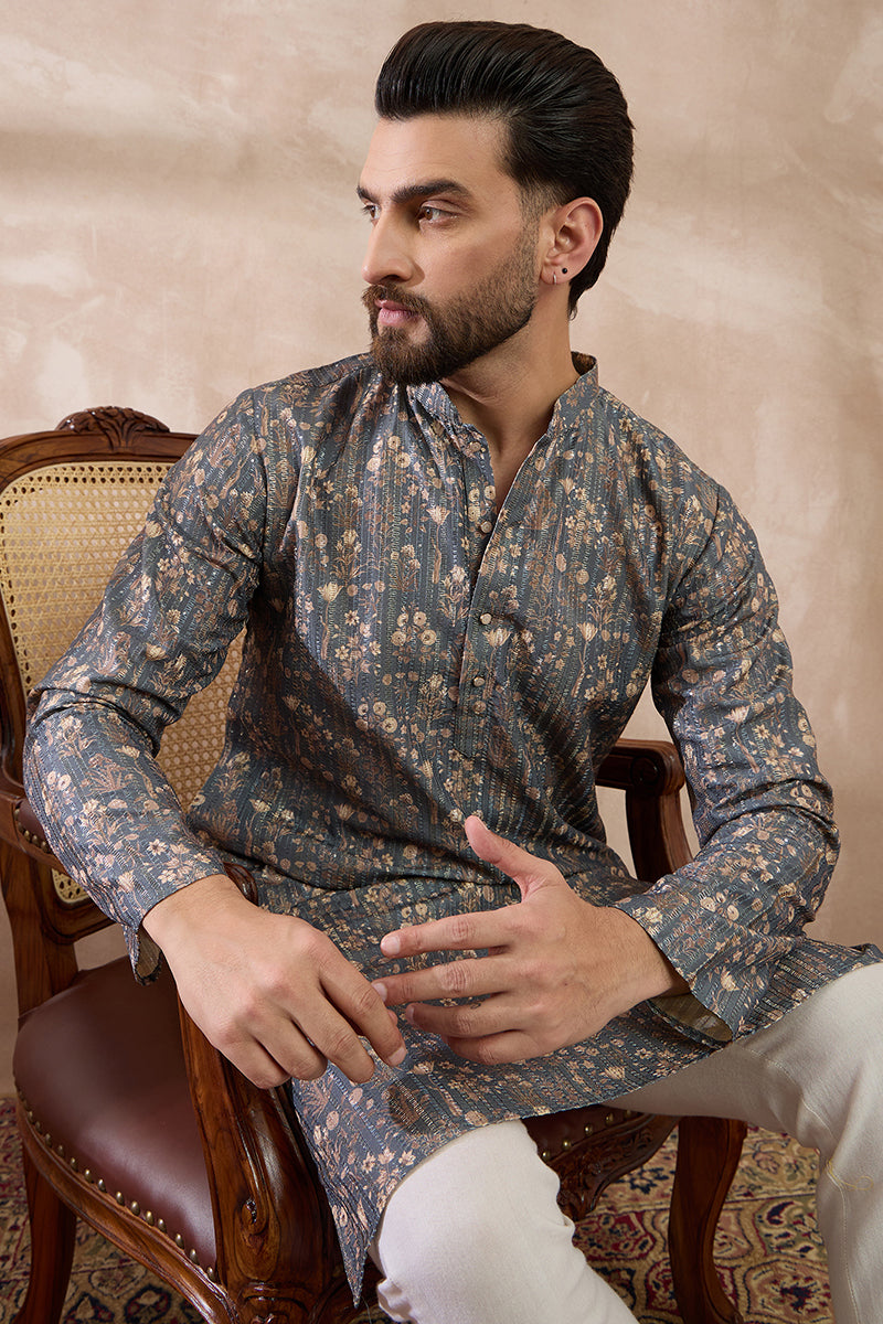 Grey Silk Blend Printed Mandarin Collar Straight Kurta With Trouser | SHOBITAM